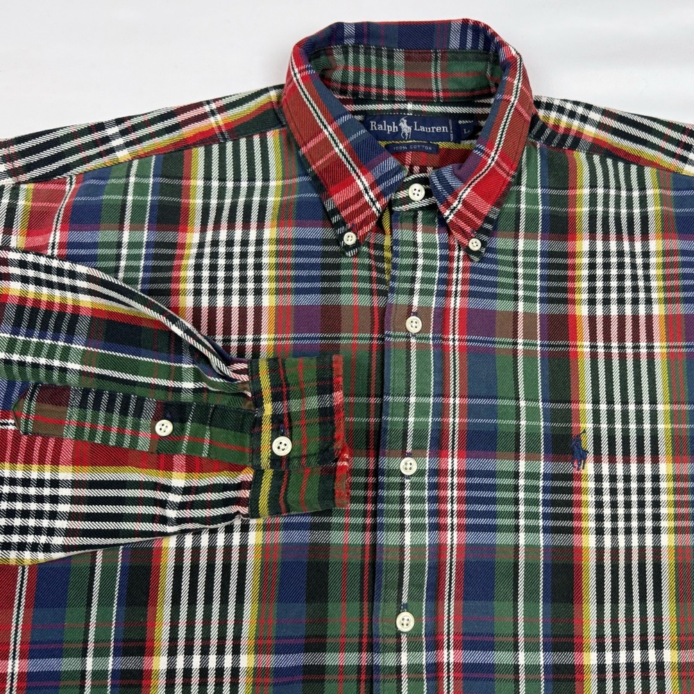 Vtg Polo Ralph Lauren Men Thick Twill Flannel Shirt Large 90s Plaid Button Up C6